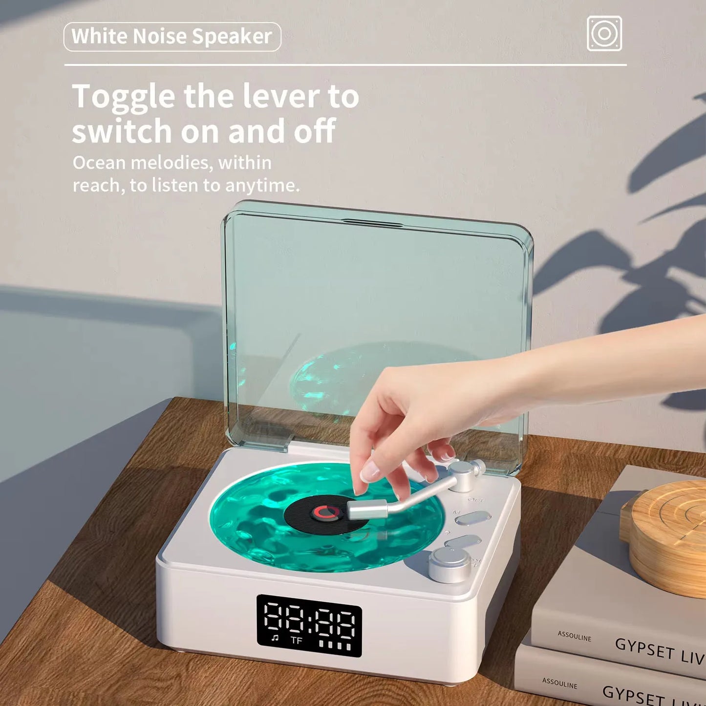 Waves Vinyl Player Bluetooth Speaker with White Noise Retro Turntable Speaker Sleep Aid Vitrola Shaped Speaker with RGB Light